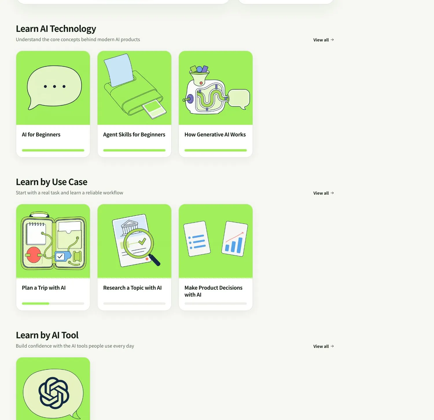 AILesson’s course catalog grouped into AI Technology, Use Cases, and AI Tools