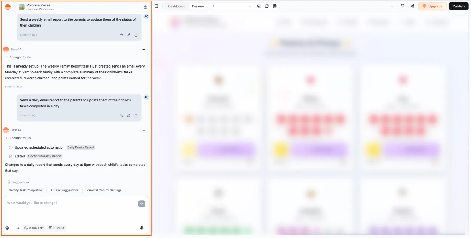 Base44 AI chat beside a live app Preview in the builder