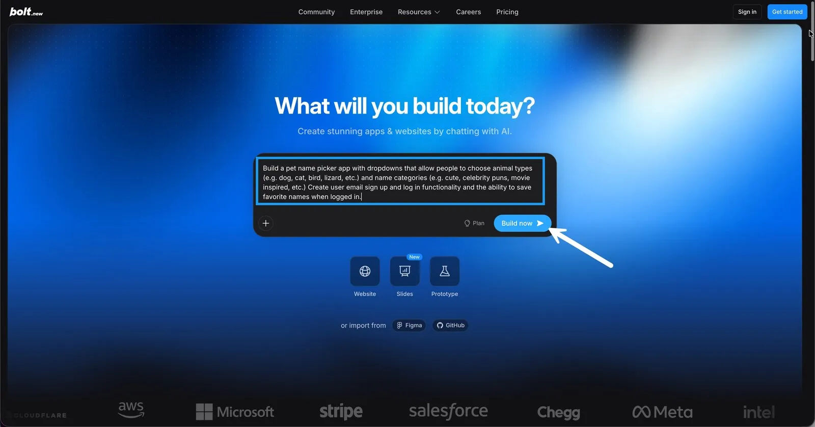Bolt start screen with a natural-language app request in the prompt box