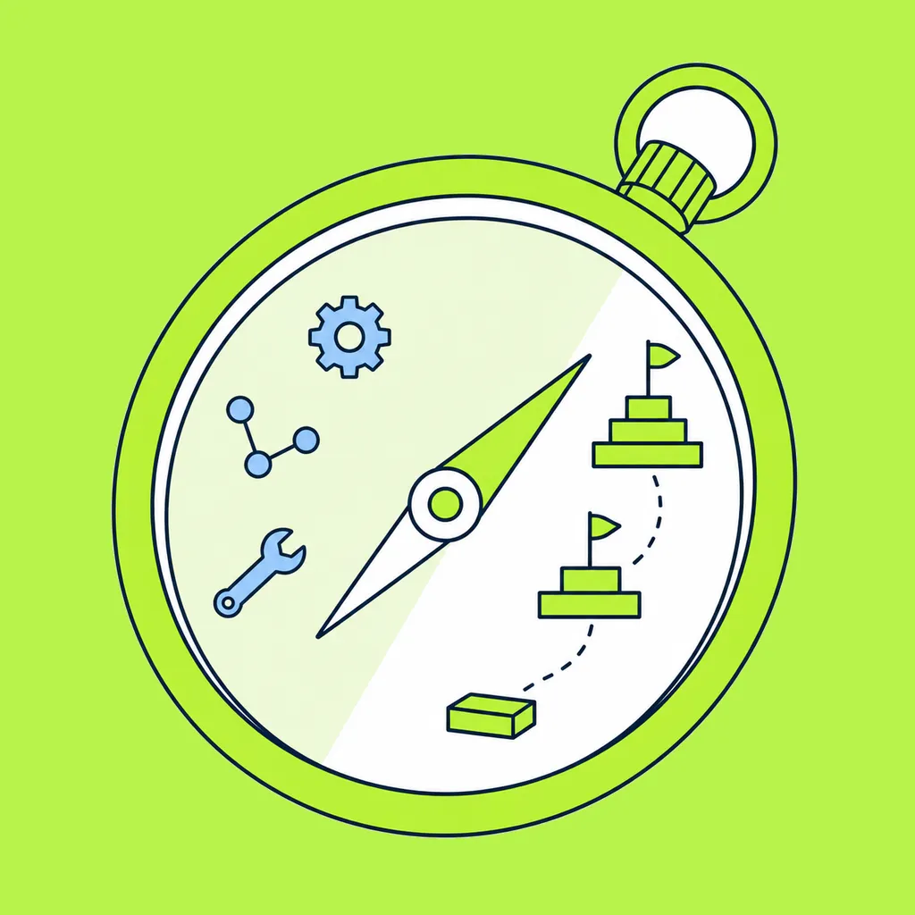 A green compass pointing from a cluster of AI tool symbols toward a clear sequence of learning steps