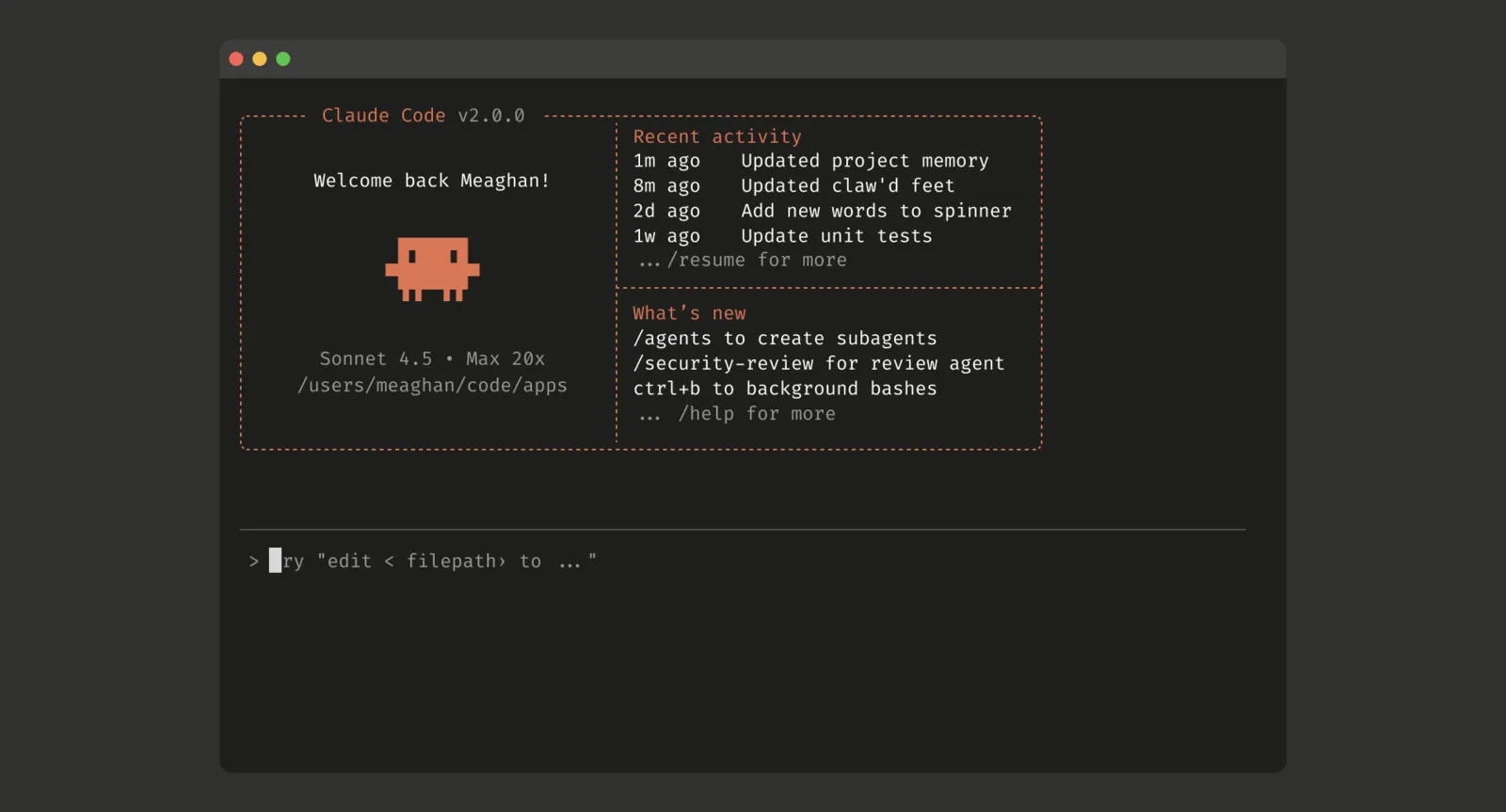 Claude Code terminal showing a project prompt and recent file activity