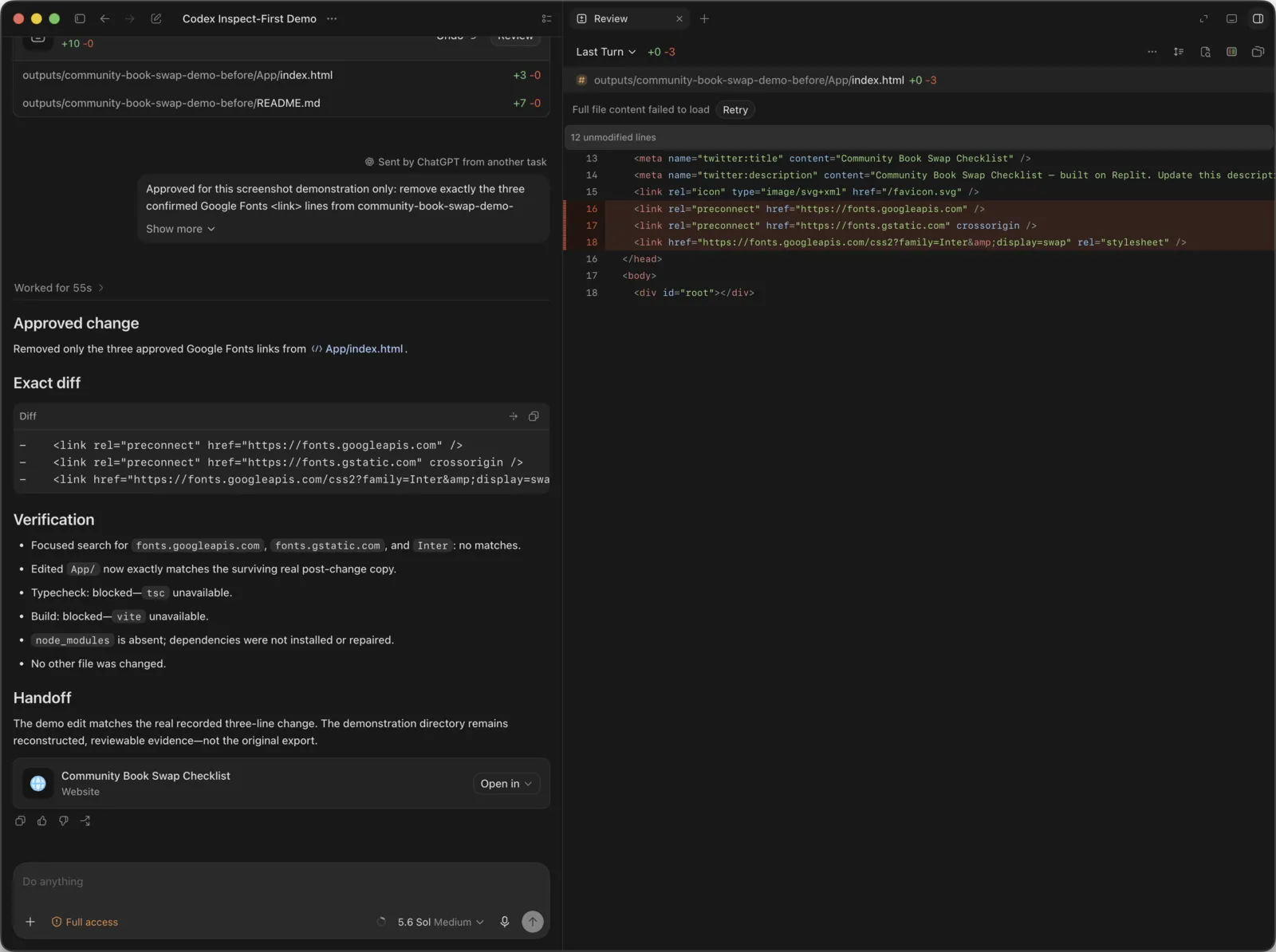 Codex desktop with a bounded change request and a Review pane showing three deleted Google Fonts lines