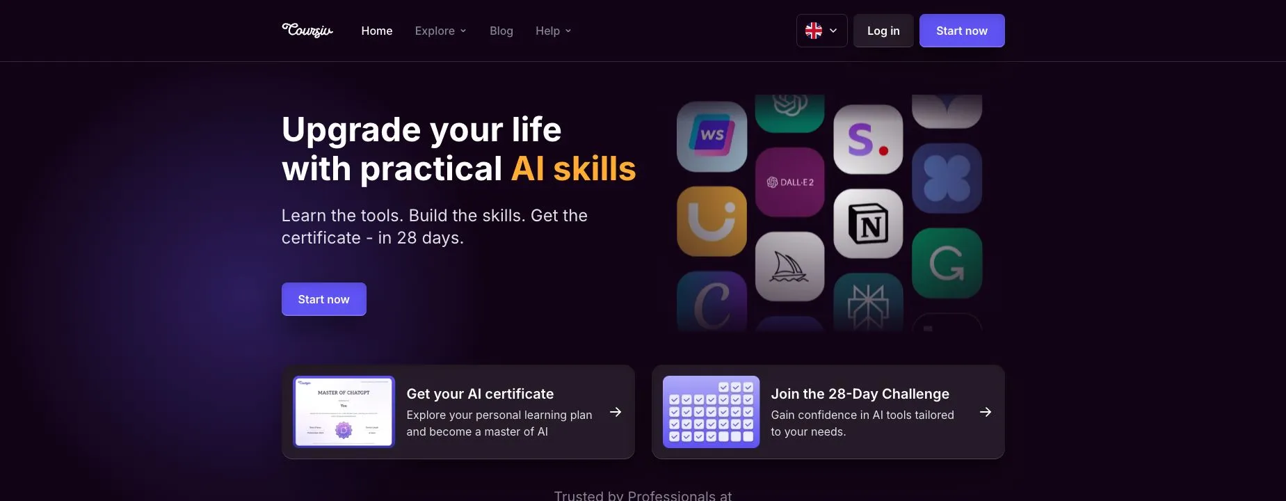 Coursiv’s public home page foregrounding AI tools, a 28-day challenge, and a certificate