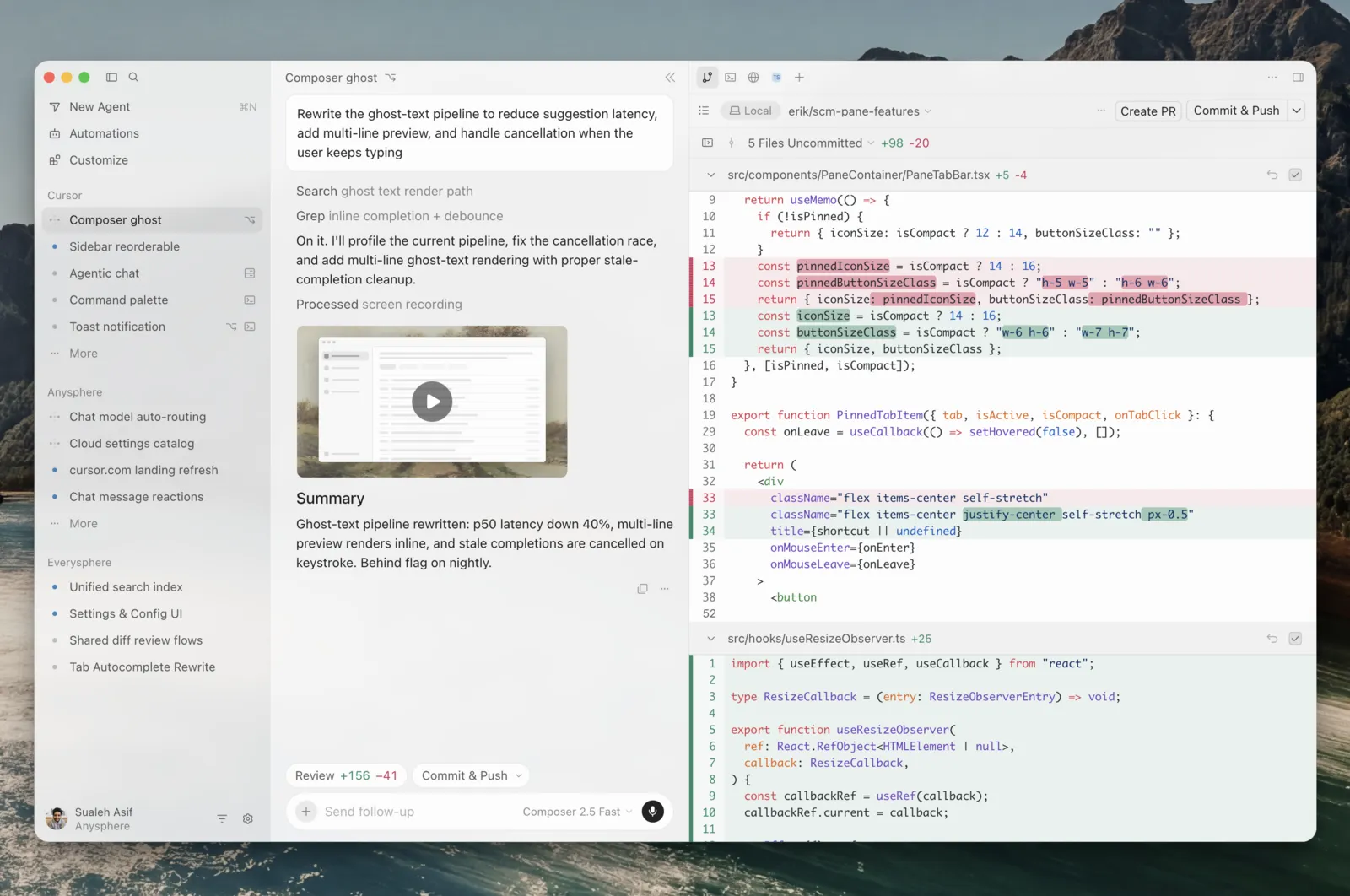 Cursor Agent workspace with a conversation, changed files, and code review panes