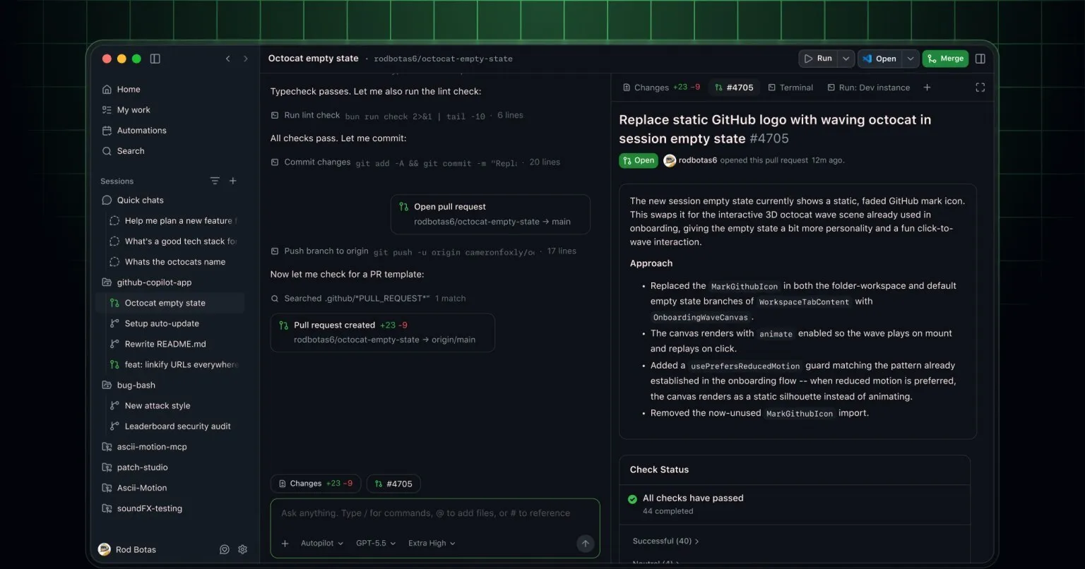GitHub Copilot app with agent sessions, task progress, and a project workspace