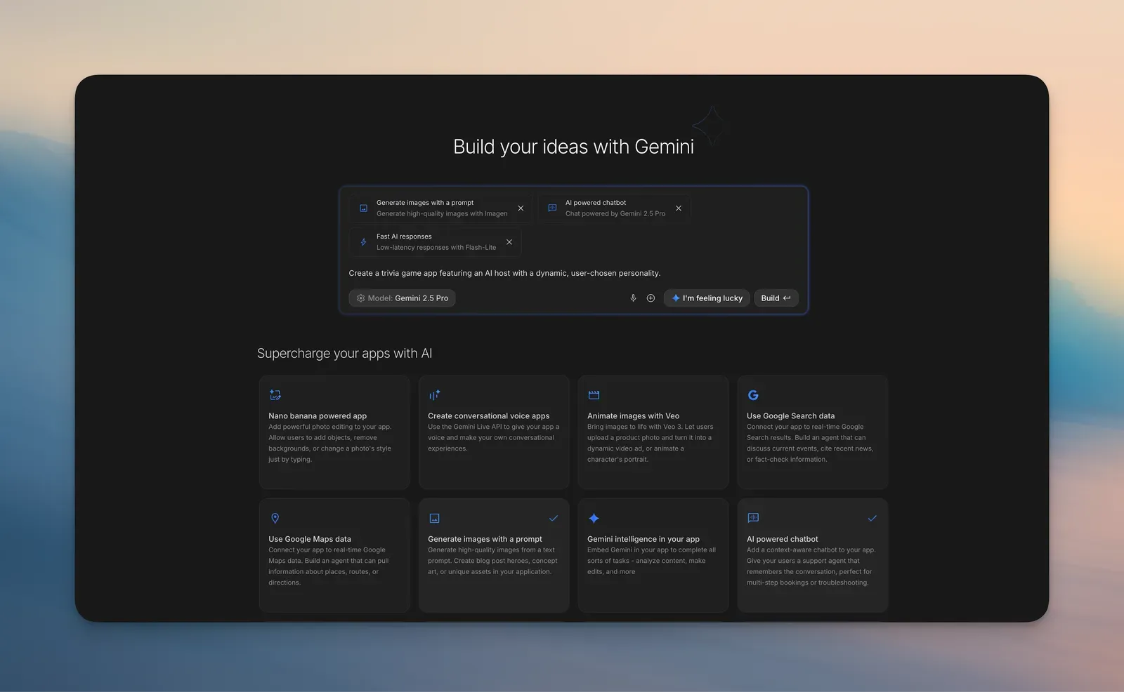 Google AI Studio Build screen for choosing Gemini-powered app capabilities