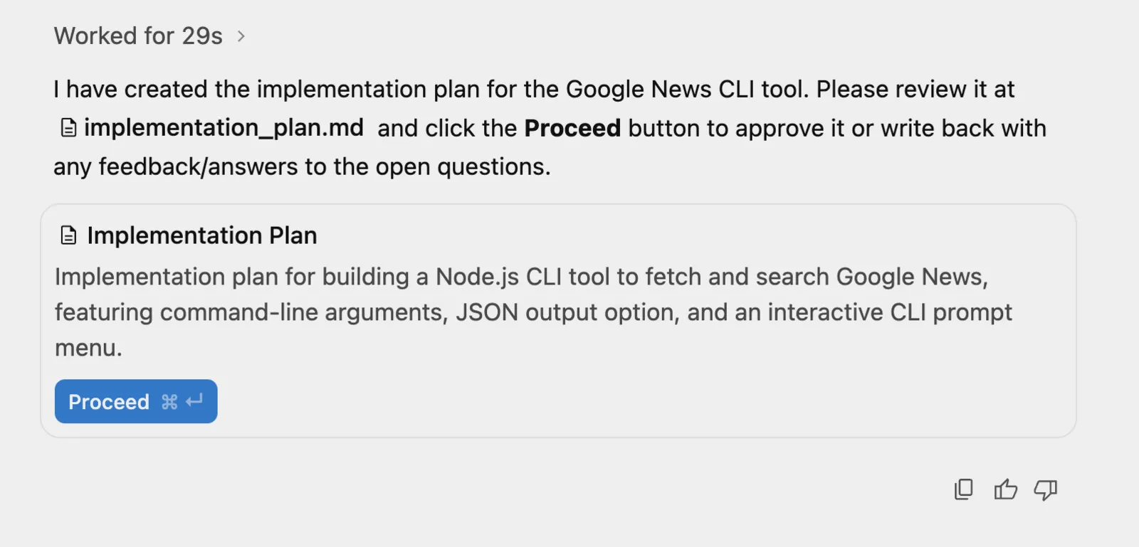 Google Antigravity conversation presenting an Implementation Plan and a Proceed control