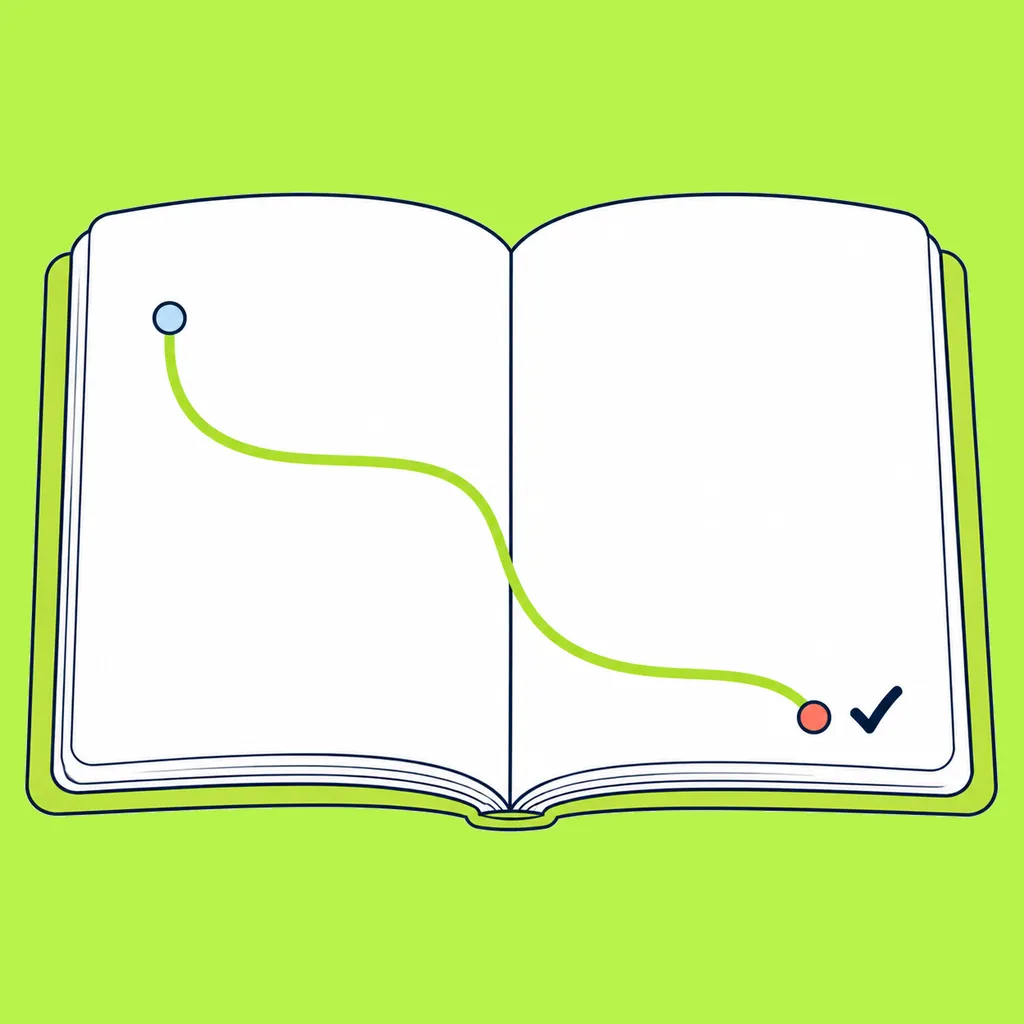 An open practice book with a green guided path leading from a blue starting point to a checked coral endpoint