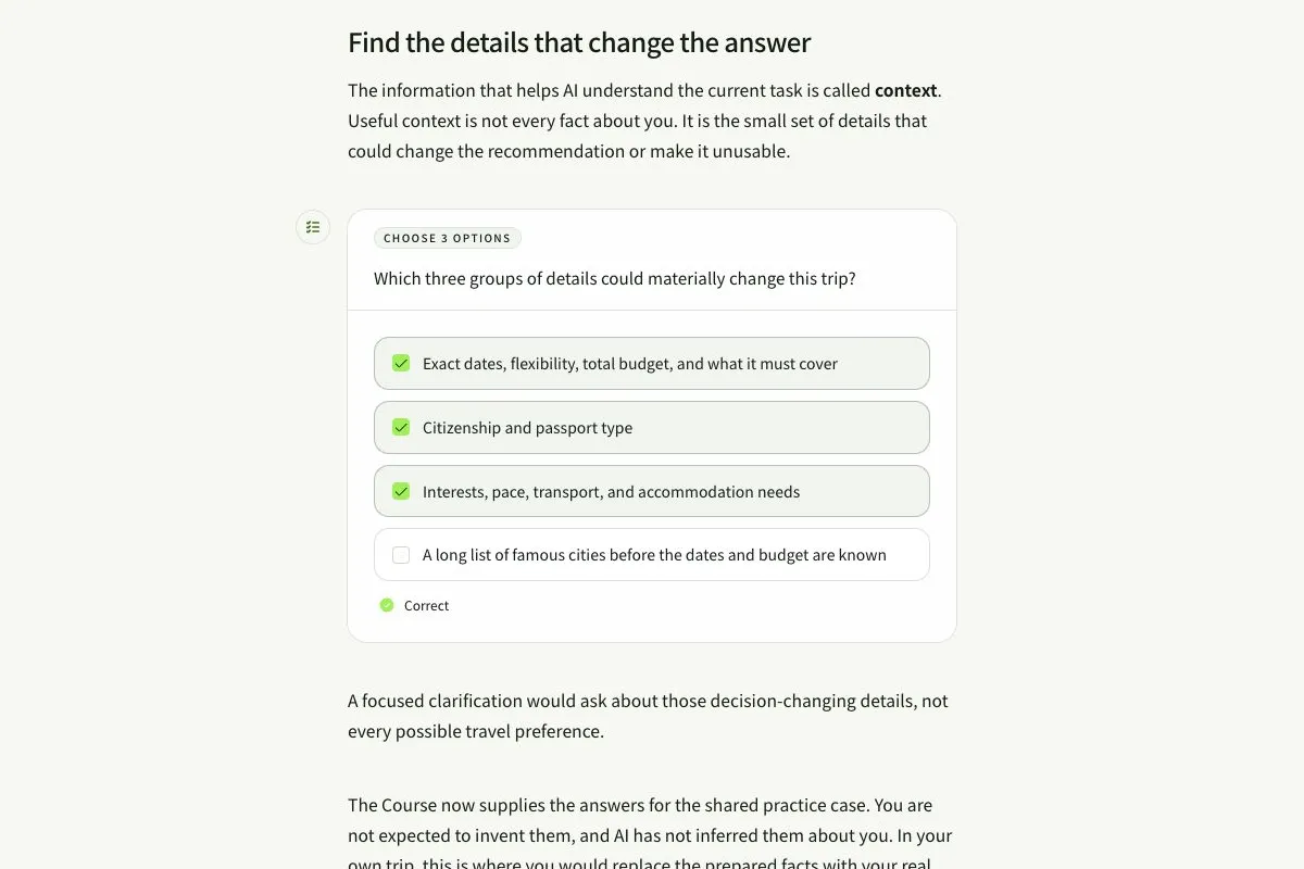 A multiple-choice activity in AILesson where the learner identifies information that could change an AI answer