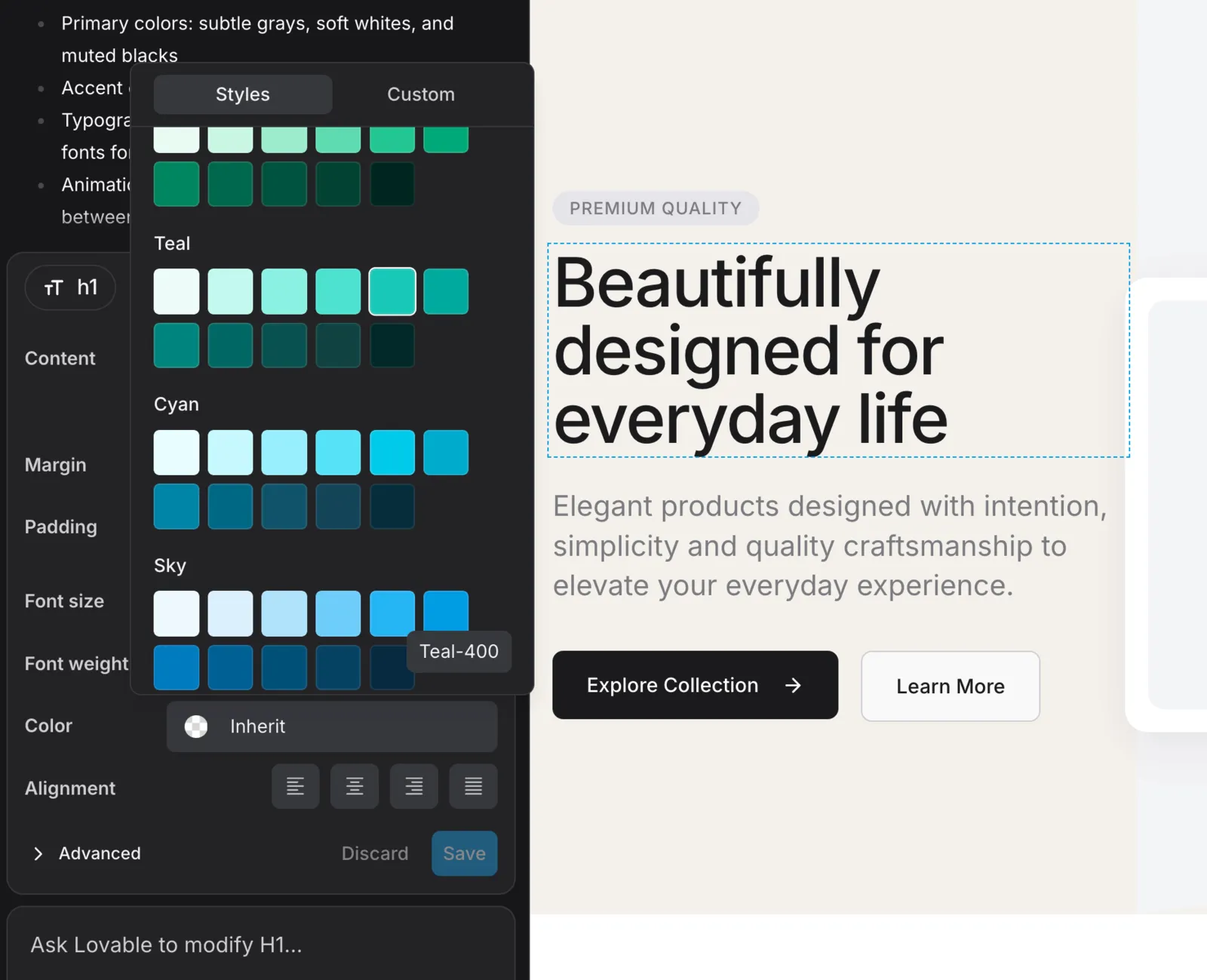 Lovable Visual Edits panel beside a selected element in the running app