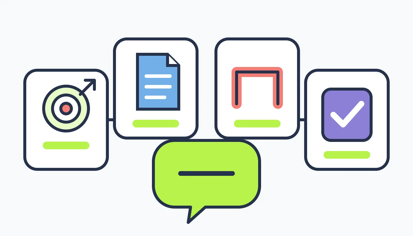 Four visual building blocks—a target, source page, boundary marker, and result card—feed into one prompt bubble