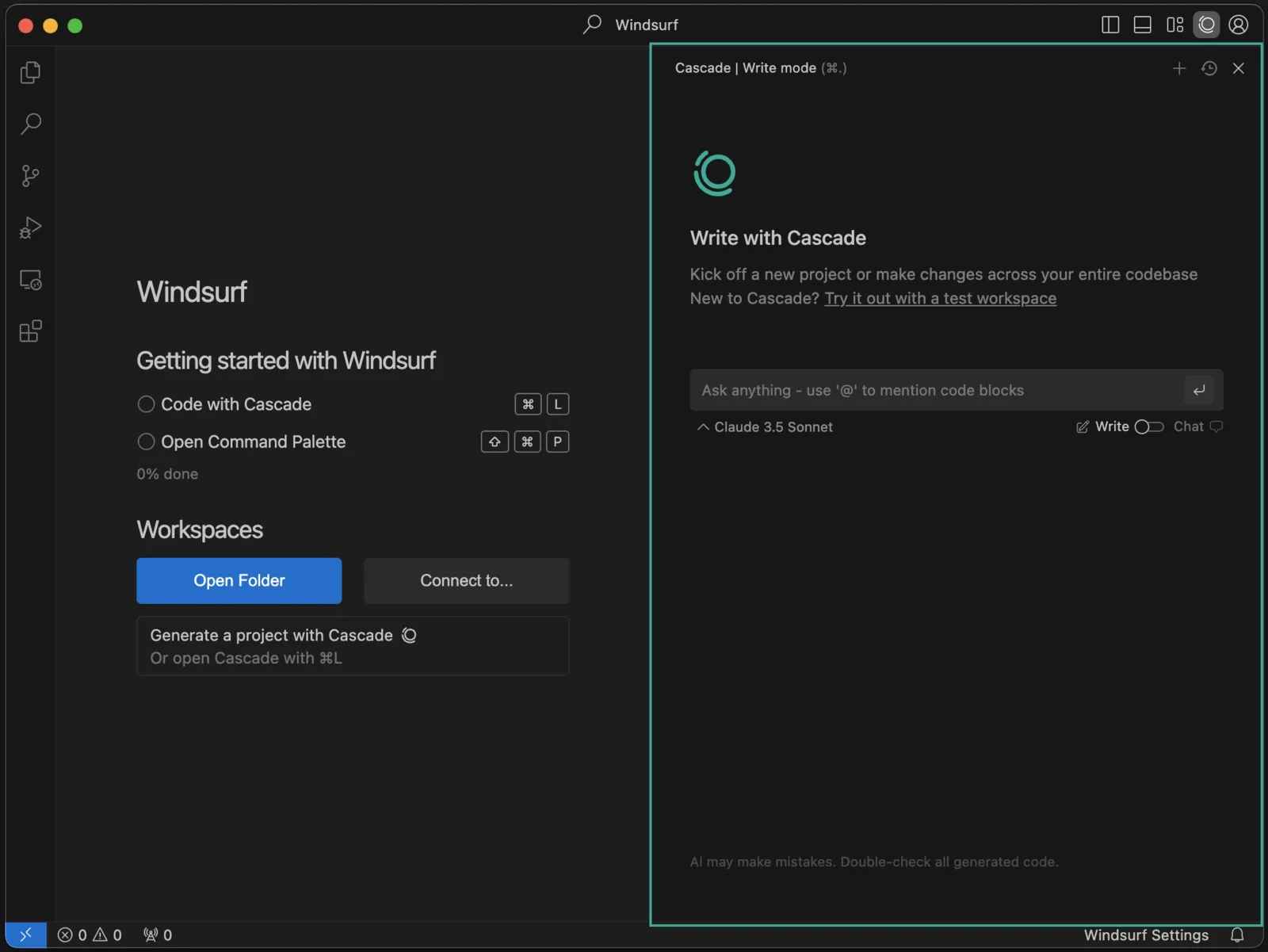 Windsurf editor with the Cascade panel open beside a project workspace