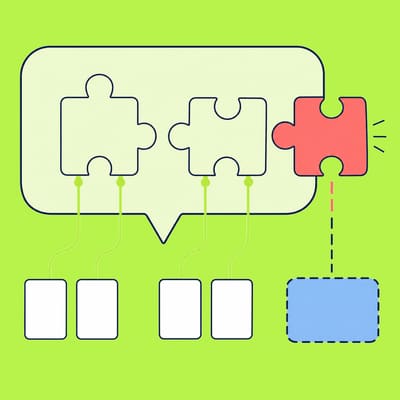 Two blank source cards feed lime paths into two pale pieces inside a large reply bubble. A coral piece is also inserted in the bubble, while its matching dashed source slot and broken path below remain empty.