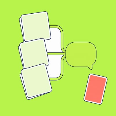 Three stacked document cards send lime connectors into a central reply bubble, with one separate fact card left outside the connection.