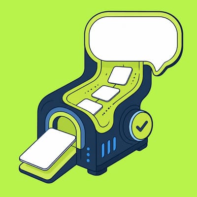 A blank card enters a navy-and-lime machine. Blank tiles rise along a lime path toward a large empty reply bubble, with a separate lime check-mark token beside it.