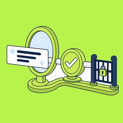 A navy-outlined output card passes through a magnifying glass and a lime approval token before stopping at a locked gate.