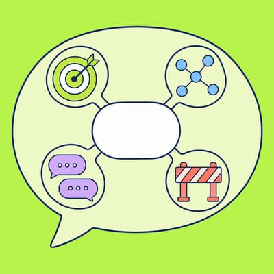 Four cards surround a blank speech bubble: a lime target, two blue and violet diagrams of connected dots, and a coral barrier, each linked to the bubble by a short lime line.