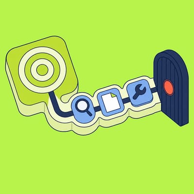 A lime target card leads around a curved path through a magnifying glass, a document card, and a small tool block before reaching a navy approval gate.