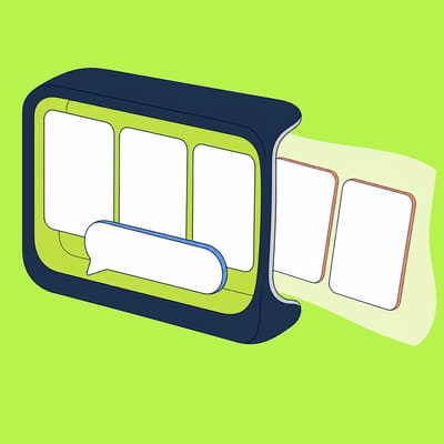 A curved navy frame holds several blank cards and one reply bubble, while two older cards extend beyond the open edge into a pale lime area.