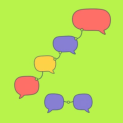 Four connected empty speech bubbles end in a large lime bubble, while two purple speech bubbles form a separate chain below them.