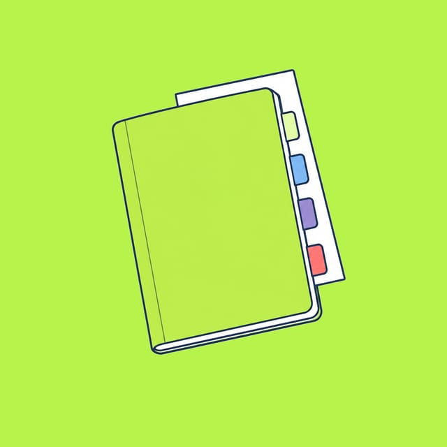 A lime notebook with colored status tabs and a clean report page behind it