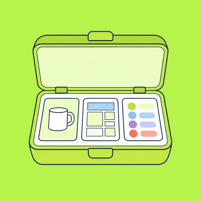 An open reference kit containing a cup image, a layout grid, and color swatches