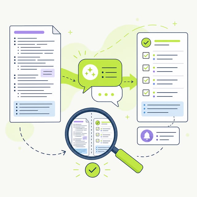 A long notice moves through an AI conversation into a checklist and reminder, while a magnifying glass compares the result with the source.