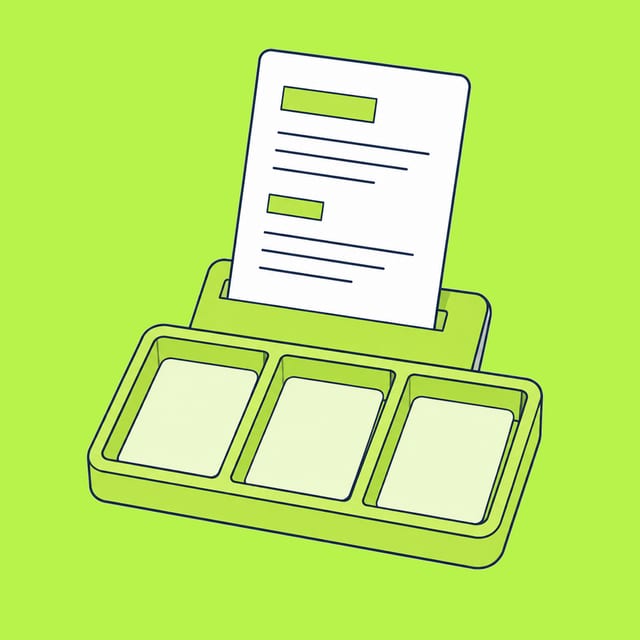 A document feeding into a connected tray with three orderly field compartments