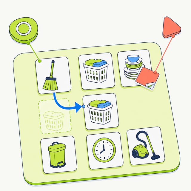 A fixed ring keeps one assignment, an arrow moves vacuuming to a new time, and a coral card marks the inaccurate task-count claim for correction.