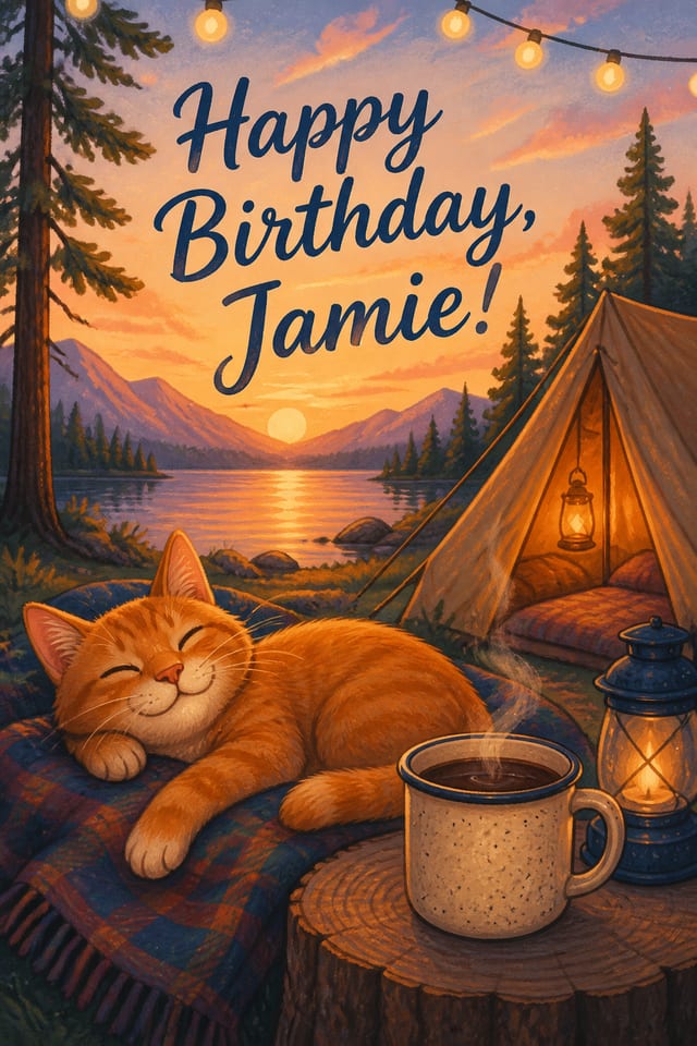 The portrait birthday-image draft shows the exact greeting above a sleeping orange cat, a coffee cup, and a campsite at sunset.