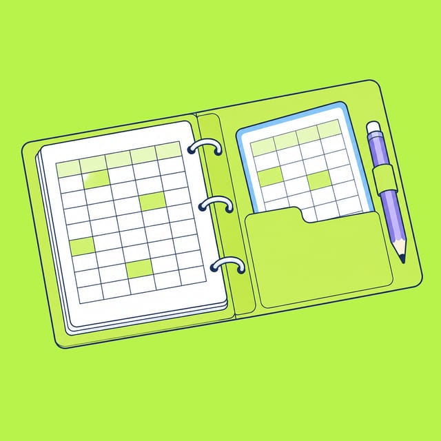 An open spreadsheet binder with a detachable grid card and a small editing pencil