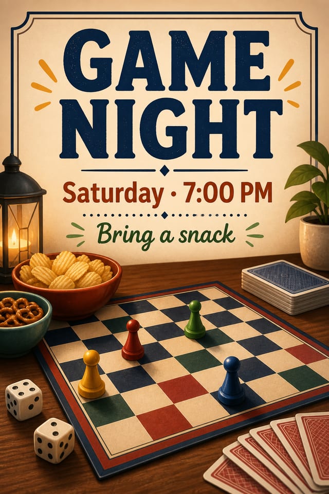 The inherited portrait Game Night invitation has the title first, day and time second, and snack note third above a tabletop-game scene.